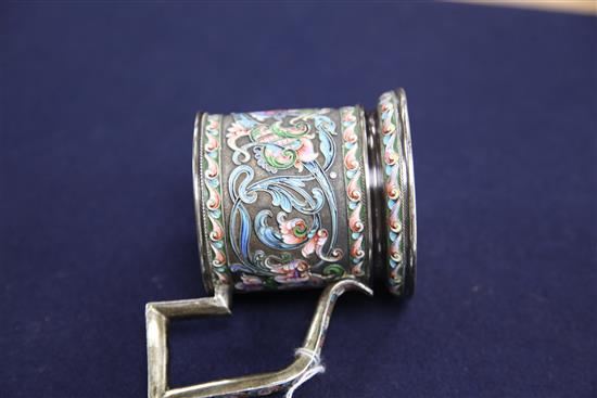A late 19th/early 20th century Russian 84 zolotnik silver and cloisonne enamel tea glass holder, gross 6.5 oz.